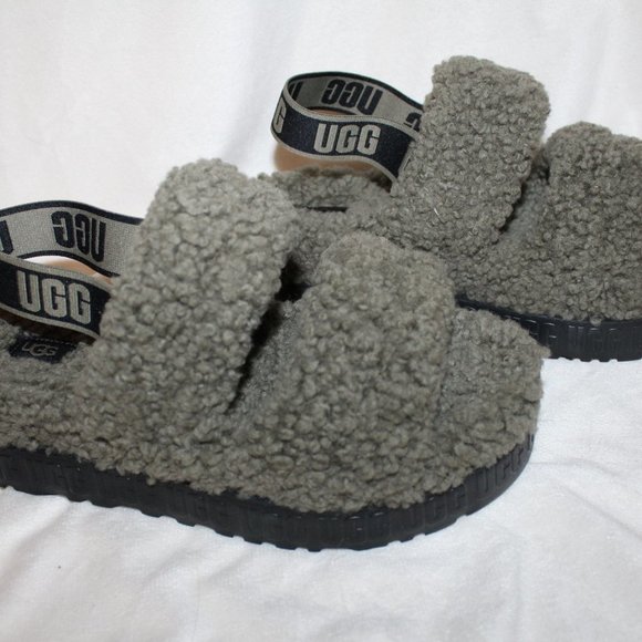 NIB UGG FLUFFITA PLATFORM SLINGBACK SANDAL SLIPPERS OLIVE GREEN GRAY 10 - Picture 4 of 7
